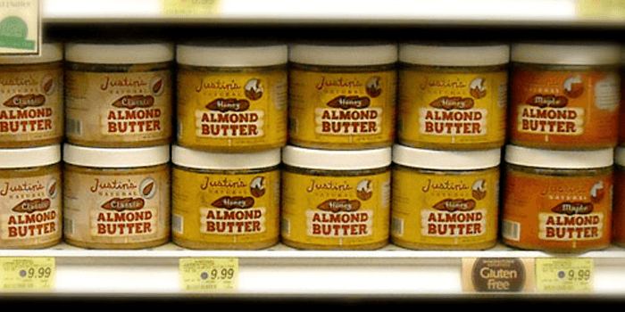 Justin's nut butters on a shelf